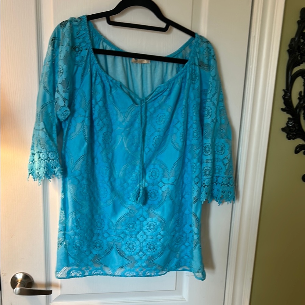 Blue Lace Blouse with Relaxed Fit and Tie Front